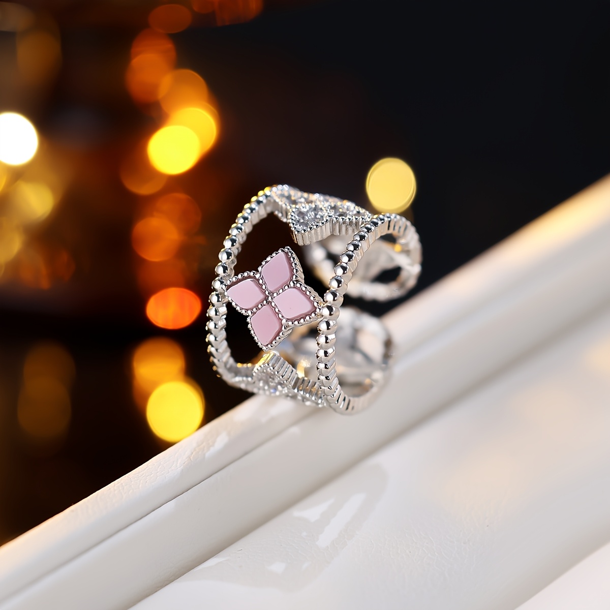Women's Retro Four-Leaf Clover Open Ring, Unique Design